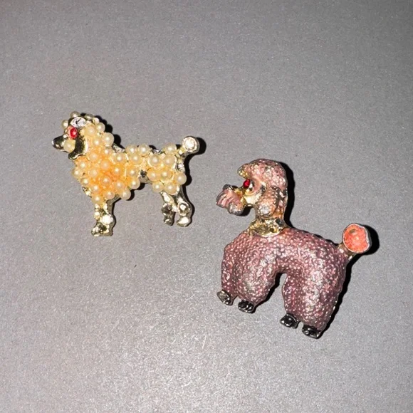 Vintage Poodle Dog Brooch Pin Set - Gold and Pink - Picture 1 of 7